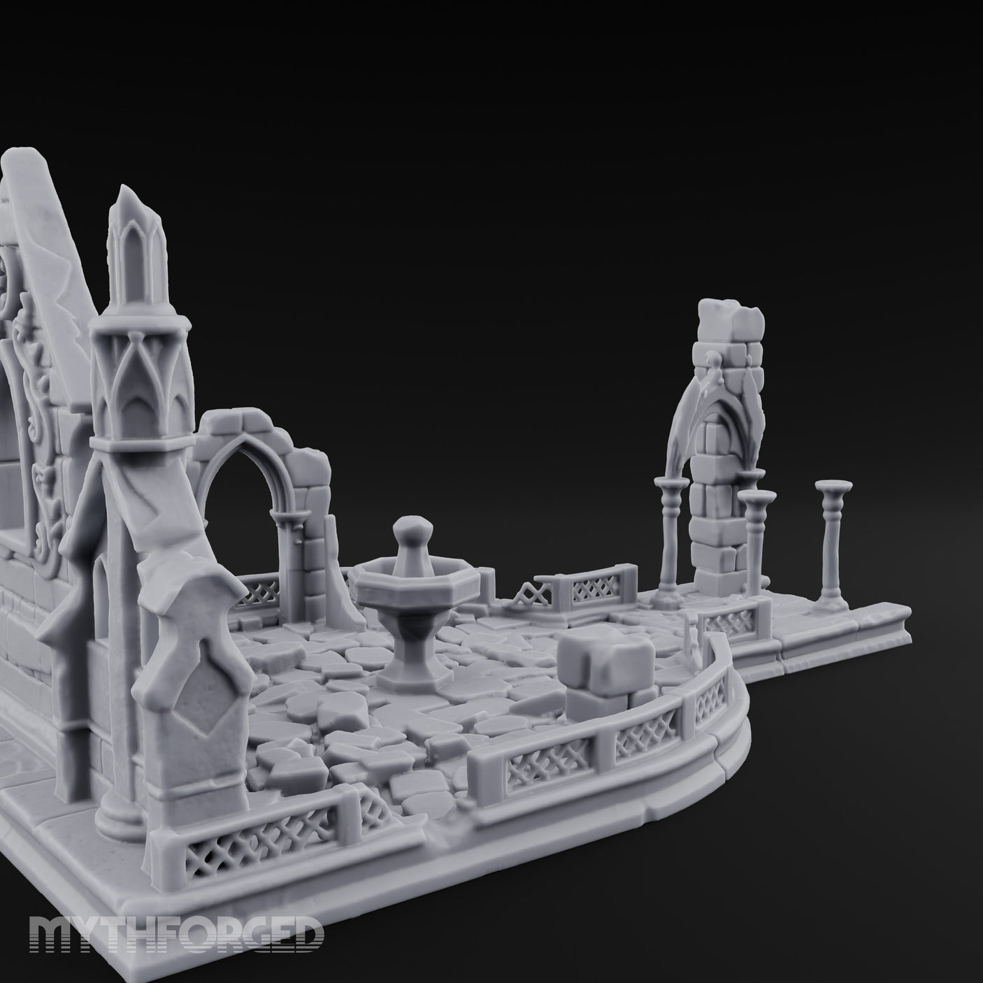 Filigree-Windowed Courtyard-Centered Gothic Chapel Courtyard Ruins Miniature for Dungeons and Dragons, Pathfinder or other TTRPGs