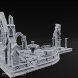 Filigree-Windowed Courtyard-Centered Gothic Chapel Courtyard Ruins Miniature for Dungeons and Dragons, Pathfinder or other TTRPGs