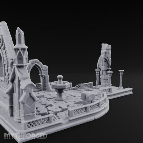 Filigree-Windowed Courtyard-Centered Gothic Chapel Courtyard Ruins Miniature for Dungeons and Dragons, Pathfinder or other TTRPGs