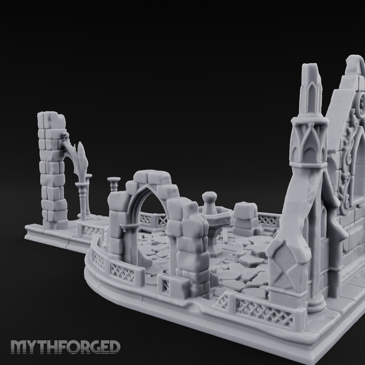 Filigree-Windowed Courtyard-Centered Gothic Chapel Courtyard Ruins Miniature for Dungeons and Dragons, Pathfinder or other TTRPGs