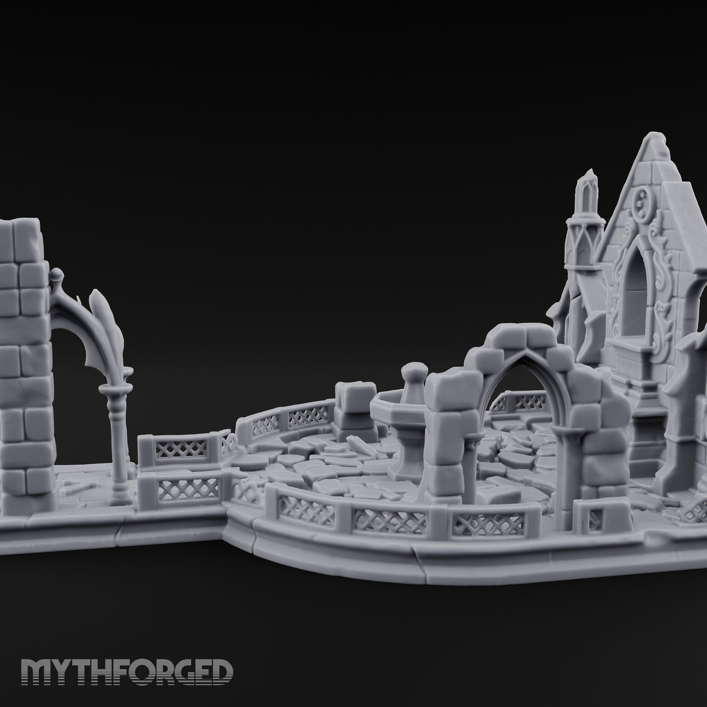 Filigree-Windowed Courtyard-Centered Gothic Chapel Courtyard Ruins Miniature for Dungeons and Dragons, Pathfinder or other TTRPGs