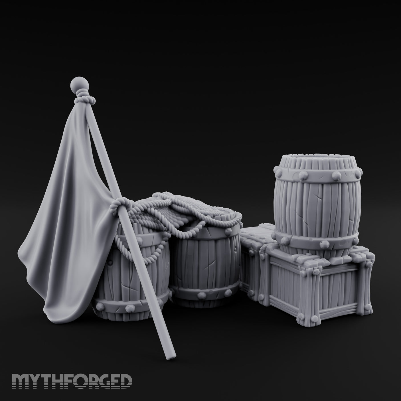 Flag-Leaned Rope-Heaped Pirate Barrel and Crate Scene Miniature for Dungeons and Dragons, Pathfinder or other TTRPGs