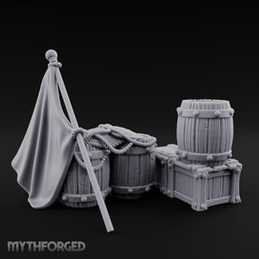 Flag-Leaned Rope-Heaped Pirate Barrel and Crate Scene Miniature for Dungeons and Dragons, Pathfinder or other TTRPGs