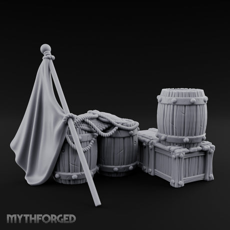 Flag-Leaned Rope-Heaped Pirate Barrel and Crate Scene Miniature for Dungeons and Dragons, Pathfinder or other TTRPGs