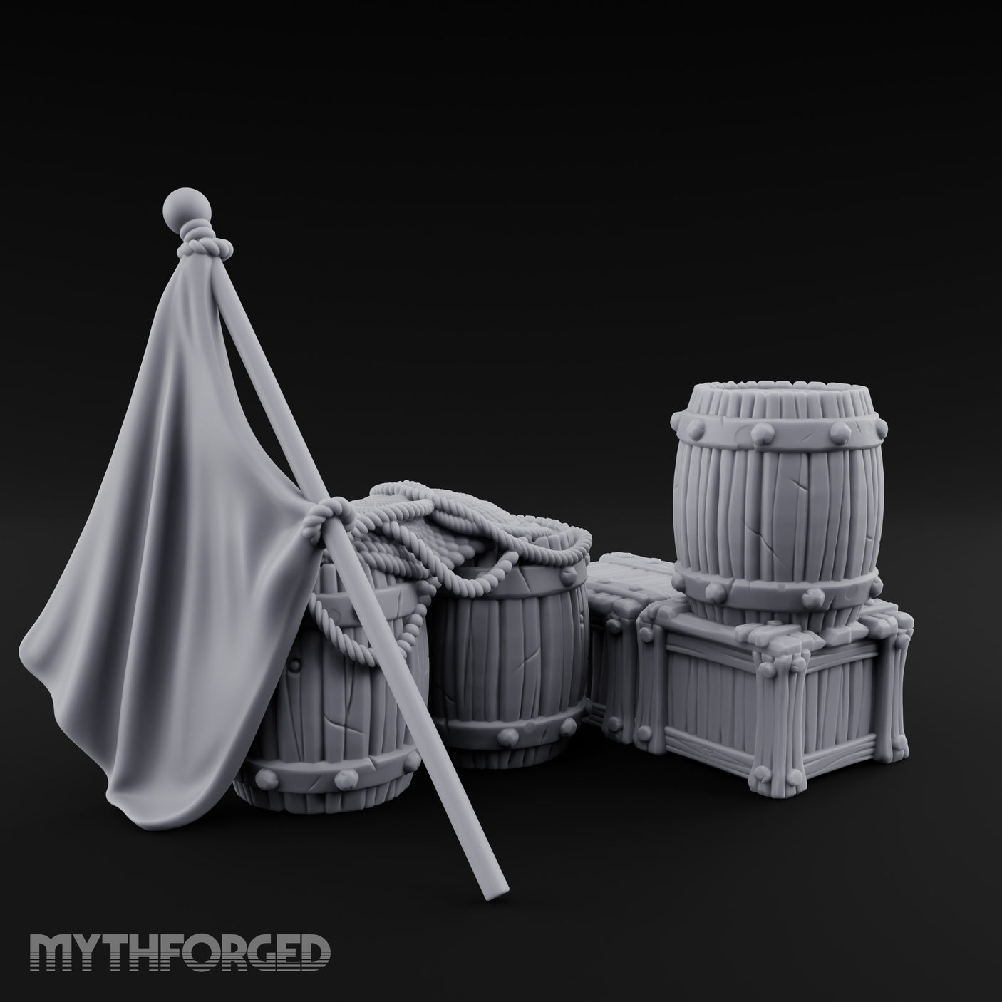 Flag-Leaned Rope-Heaped Pirate Barrel and Crate Scene Miniature for Dungeons and Dragons, Pathfinder or other TTRPGs