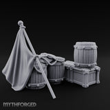 Flag-Leaned Rope-Heaped Pirate Barrel and Crate Scene Miniature for Dungeons and Dragons, Pathfinder or other TTRPGs