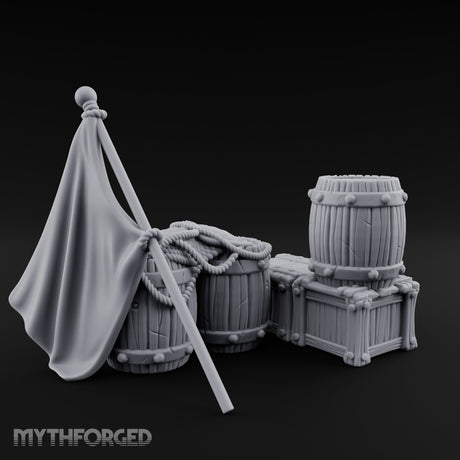 Flag-Leaned Rope-Heaped Pirate Barrel and Crate Scene Miniature for Dungeons and Dragons, Pathfinder or other TTRPGs
