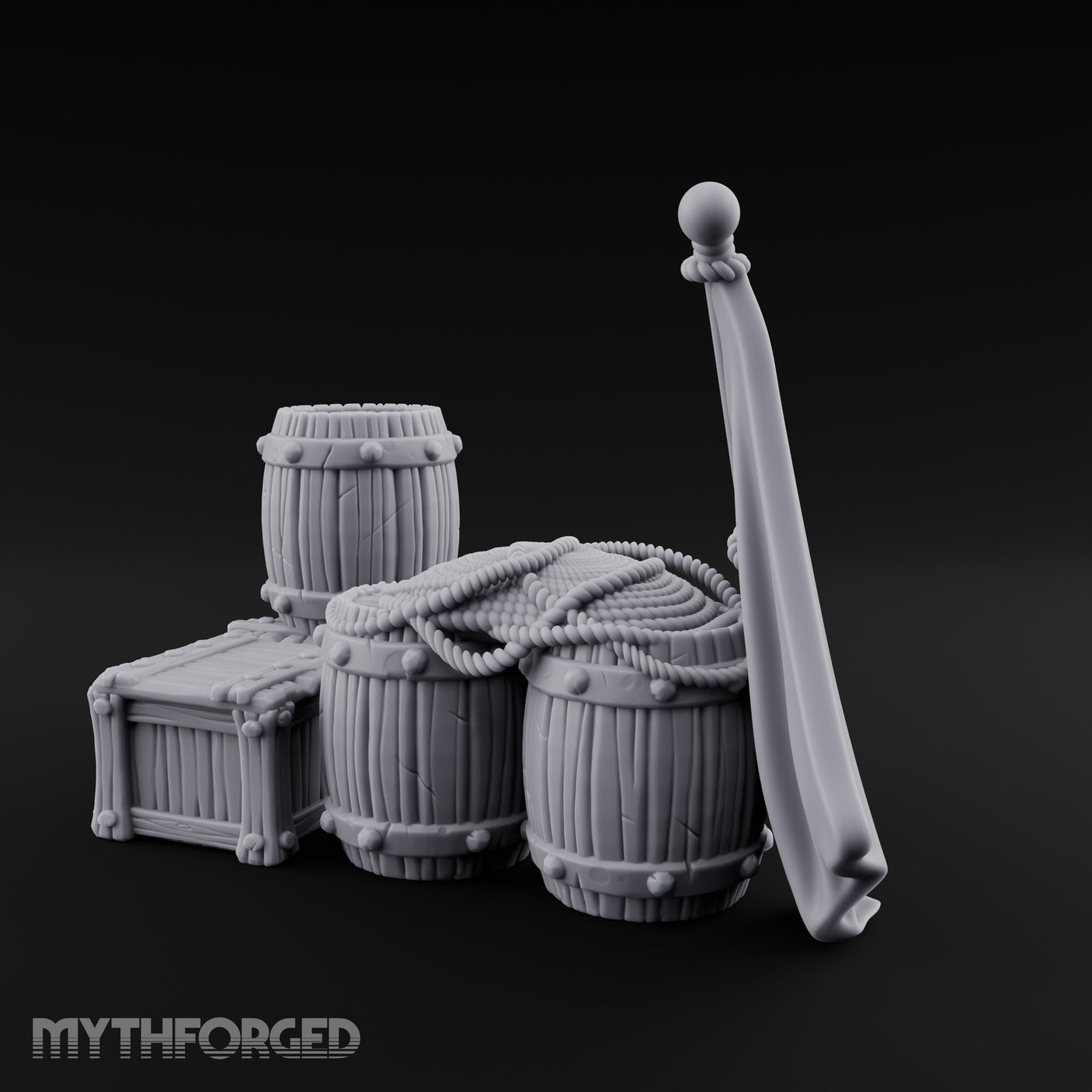 Flag-Leaned Rope-Heaped Pirate Barrel and Crate Scene Miniature for Dungeons and Dragons, Pathfinder or other TTRPGs