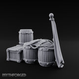 Flag-Leaned Rope-Heaped Pirate Barrel and Crate Scene Miniature for Dungeons and Dragons, Pathfinder or other TTRPGs