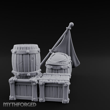 Flag-Leaned Rope-Heaped Pirate Barrel and Crate Scene Miniature for Dungeons and Dragons, Pathfinder or other TTRPGs