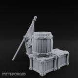 Flag-Leaned Rope-Heaped Pirate Barrel and Crate Scene Miniature for Dungeons and Dragons, Pathfinder or other TTRPGs