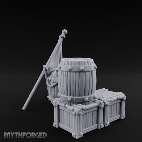 Flag-Leaned Rope-Heaped Pirate Barrel and Crate Scene Miniature for Dungeons and Dragons, Pathfinder or other TTRPGs