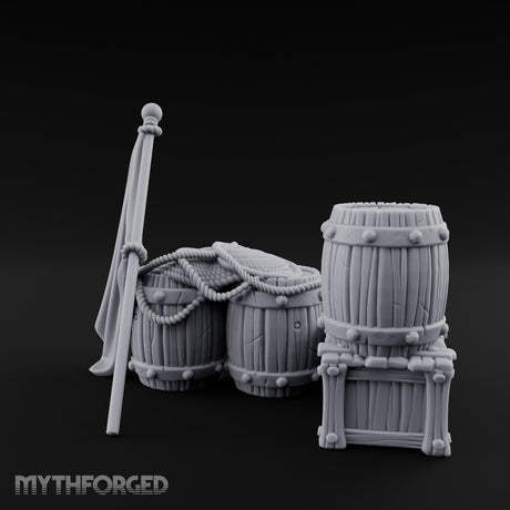 Flag-Leaned Rope-Heaped Pirate Barrel and Crate Scene Miniature for Dungeons and Dragons, Pathfinder or other TTRPGs