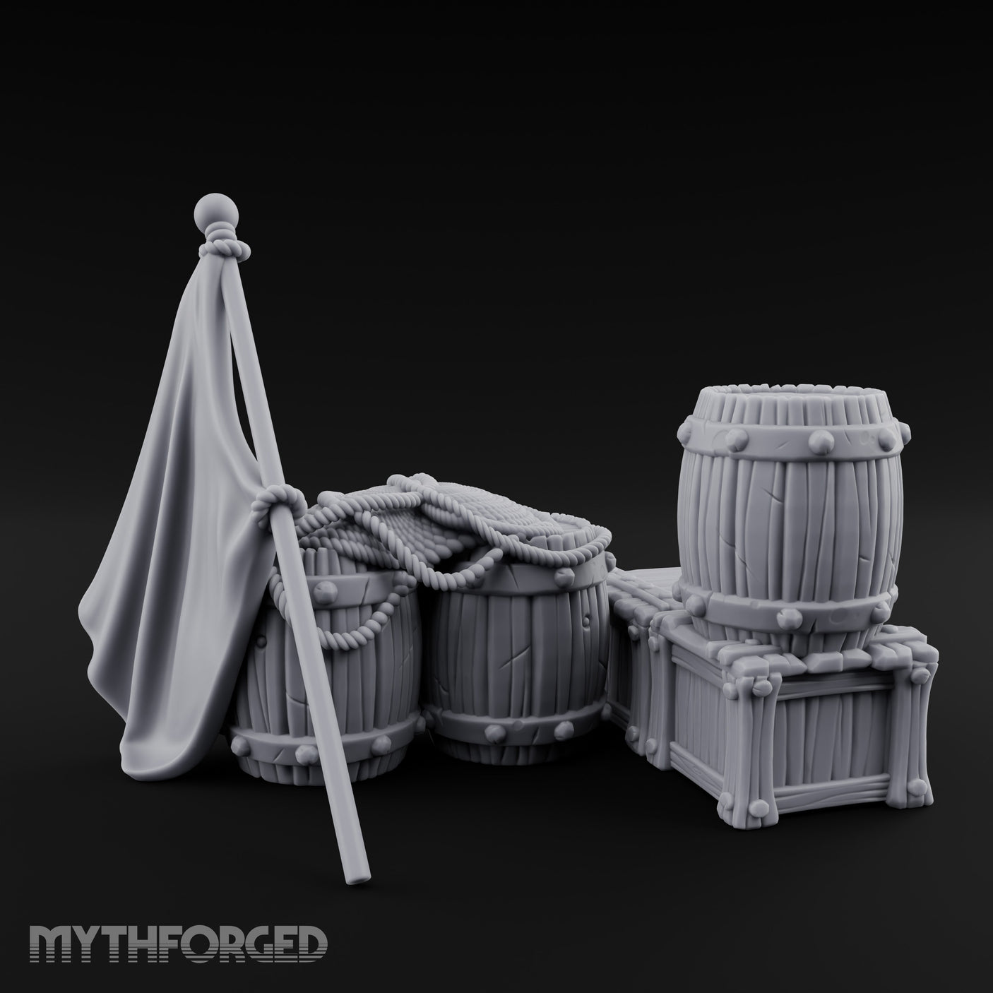 Flag-Leaned Rope-Heaped Pirate Barrel and Crate Scene Miniature for Dungeons and Dragons, Pathfinder or other TTRPGs
