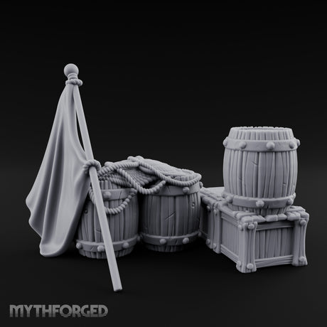 Flag-Leaned Rope-Heaped Pirate Barrel and Crate Scene Miniature for Dungeons and Dragons, Pathfinder or other TTRPGs