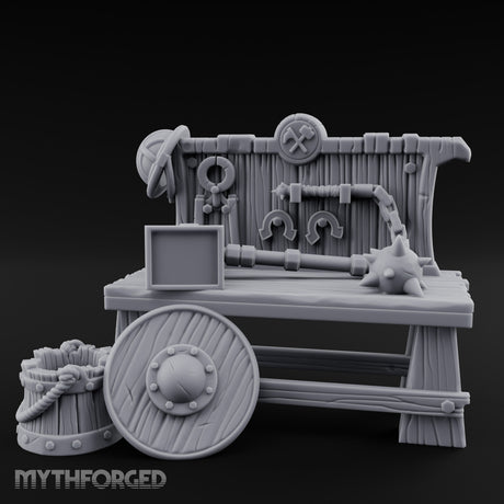 Flail-Hung Horseshoe-Pegged Blacksmith Market Stall Counter Miniature for Dungeons and Dragons, Pathfinder or other TTRPGs