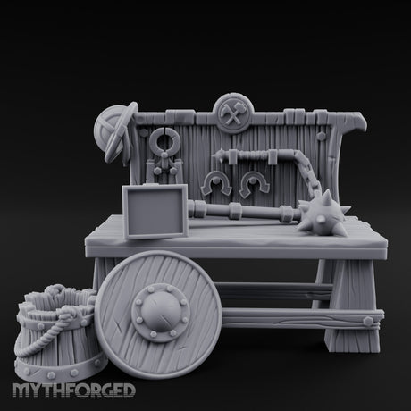 Flail-Hung Horseshoe-Pegged Blacksmith Market Stall Counter Miniature for Dungeons and Dragons, Pathfinder or other TTRPGs