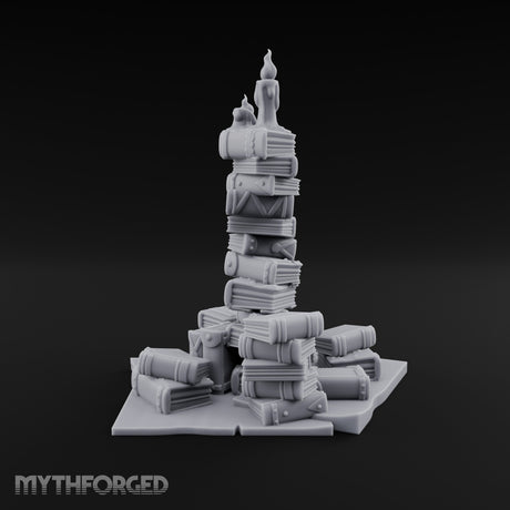 Flame-Topped Scroll-Heaped Scholar's Book Pile Miniature for Dungeons and Dragons, Pathfinder or other TTRPGs
