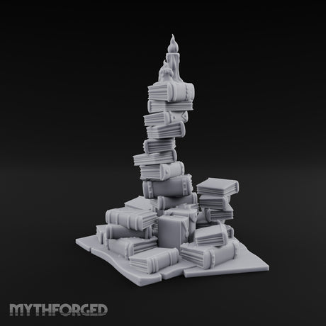 Flame-Topped Scroll-Heaped Scholar's Book Pile Miniature for Dungeons and Dragons, Pathfinder or other TTRPGs