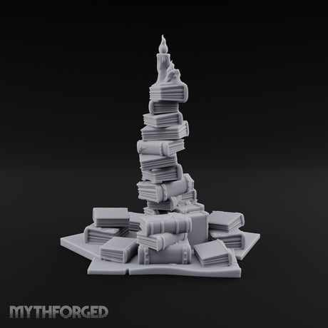 Flame-Topped Scroll-Heaped Scholar's Book Pile Miniature for Dungeons and Dragons, Pathfinder or other TTRPGs