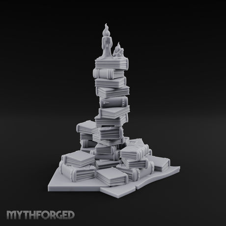 Flame-Topped Scroll-Heaped Scholar's Book Pile Miniature for Dungeons and Dragons, Pathfinder or other TTRPGs