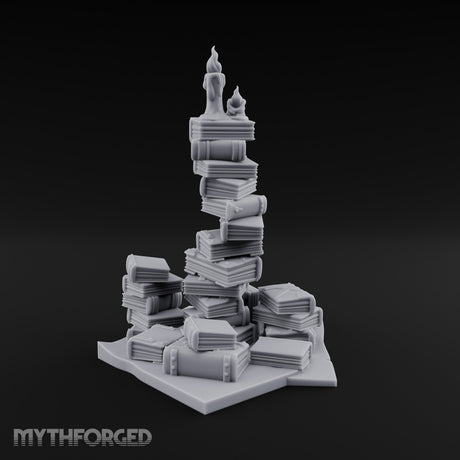 Flame-Topped Scroll-Heaped Scholar's Book Pile Miniature for Dungeons and Dragons, Pathfinder or other TTRPGs