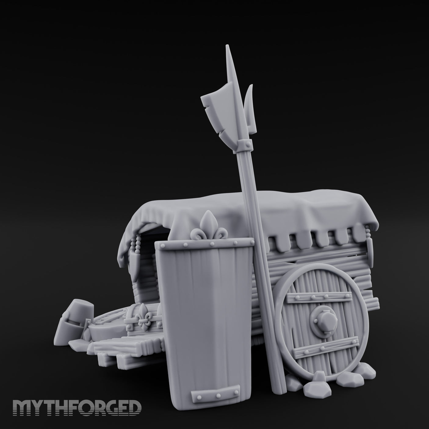 Fleur-de-Lis Branded Shield-Laden Knight's Weapon Cart Miniature for Dungeons and Dragons, Pathfinder or other TTRPGs