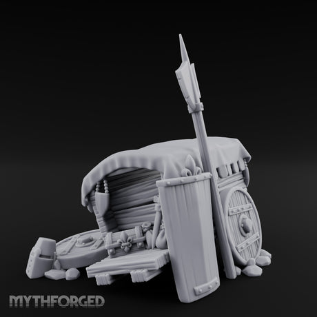 Fleur-de-Lis Branded Shield-Laden Knight's Weapon Cart Miniature for Dungeons and Dragons, Pathfinder or other TTRPGs