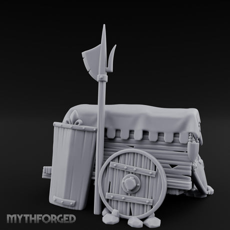 Fleur-de-Lis Branded Shield-Laden Knight's Weapon Cart Miniature for Dungeons and Dragons, Pathfinder or other TTRPGs