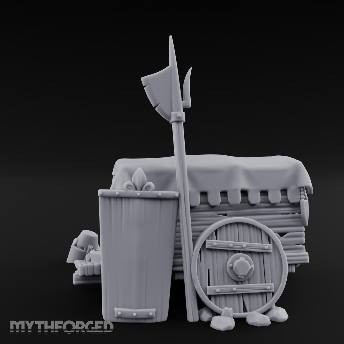 Fleur-de-Lis Branded Shield-Laden Knight's Weapon Cart Miniature for Dungeons and Dragons, Pathfinder or other TTRPGs