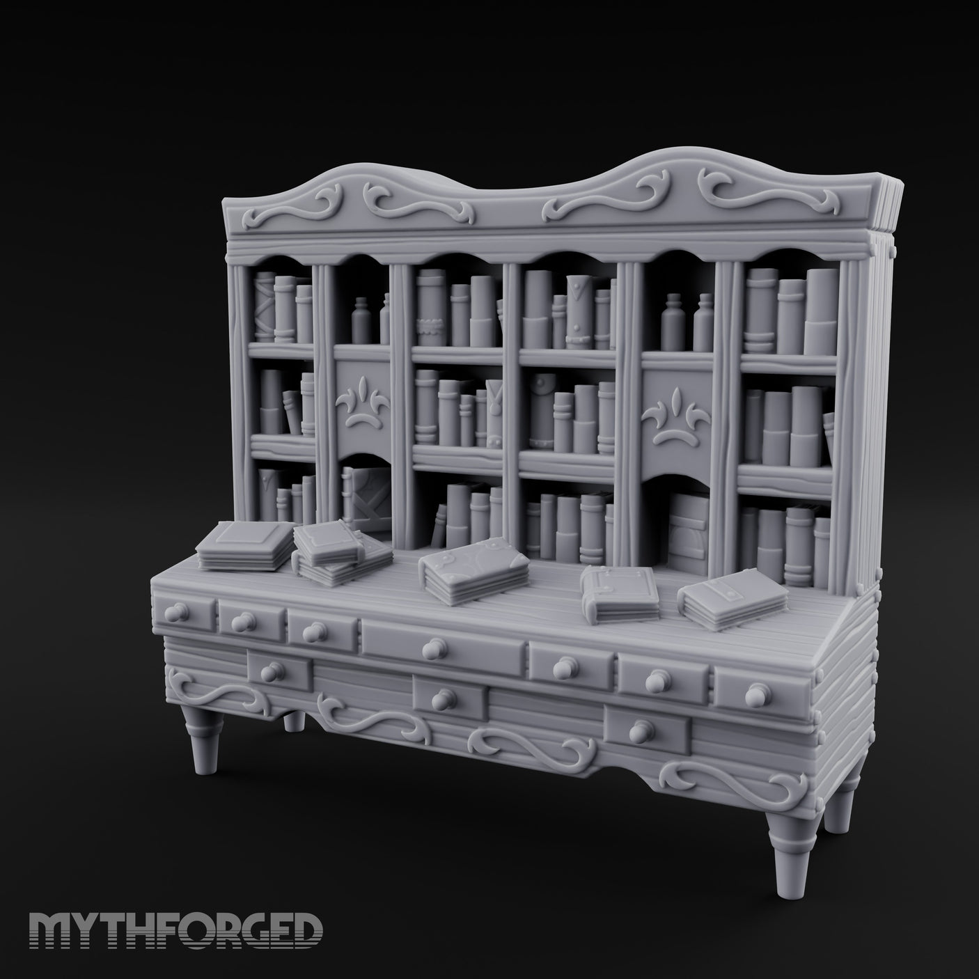 Fleur-de-Lis Drawer-Fronted Noble Grand Bookcase Desk Miniature for Dungeons and Dragons, Pathfinder or other TTRPGs