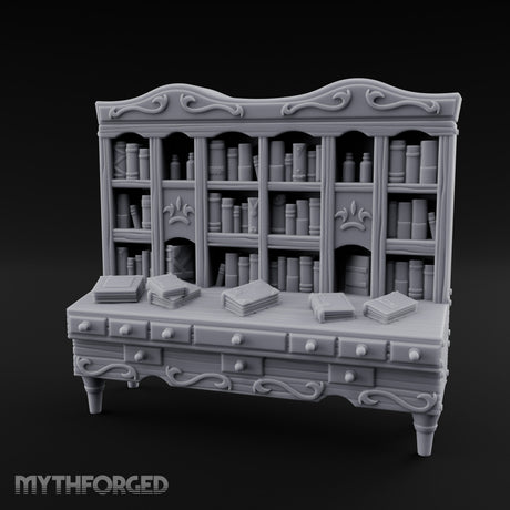 Fleur-de-Lis Drawer-Fronted Noble Grand Bookcase Desk Miniature for Dungeons and Dragons, Pathfinder or other TTRPGs