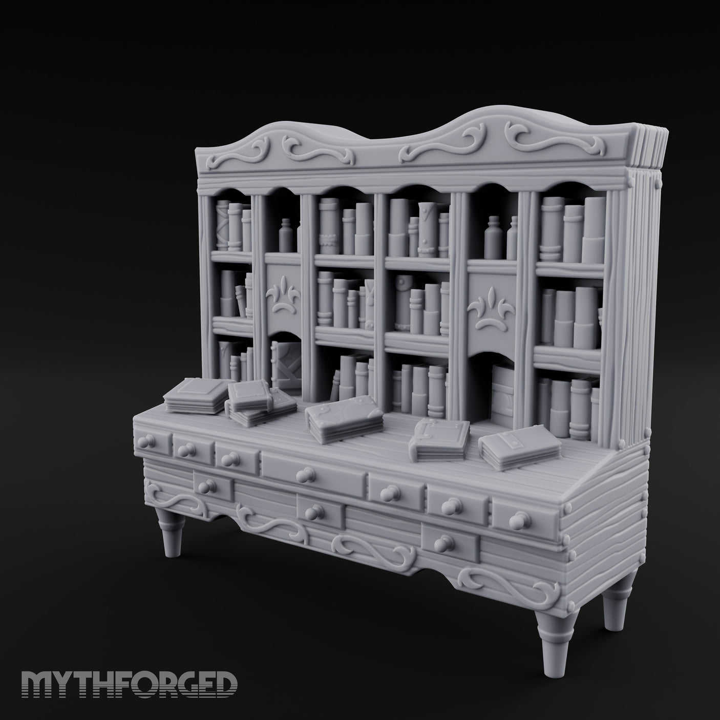Fleur-de-Lis Drawer-Fronted Noble Grand Bookcase Desk Miniature for Dungeons and Dragons, Pathfinder or other TTRPGs
