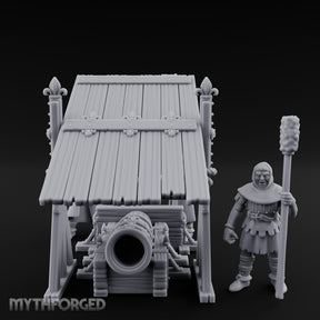 Fleur-de-Lis Roofed Rammer Bearing Covered Bombard Team Miniature for Dungeons and Dragons, Pathfinder or other TTRPGs