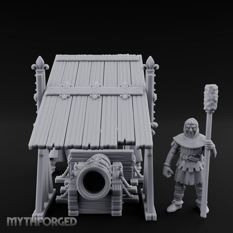 Fleur-de-Lis Roofed Rammer Bearing Covered Bombard Team Miniature for Dungeons and Dragons, Pathfinder or other TTRPGs