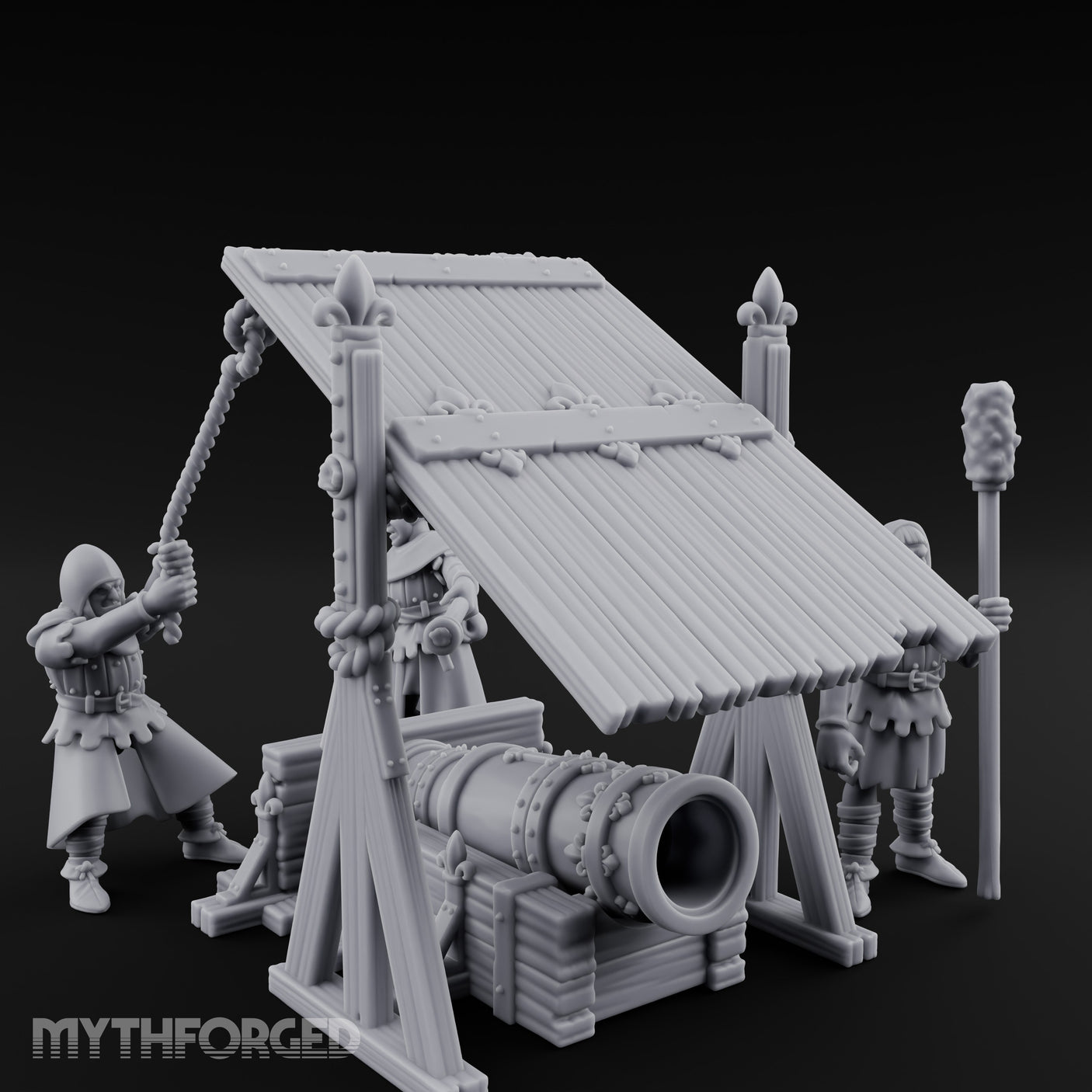 Fleur-de-Lis Roofed Rammer Bearing Covered Bombard Team Miniature for Dungeons and Dragons, Pathfinder or other TTRPGs