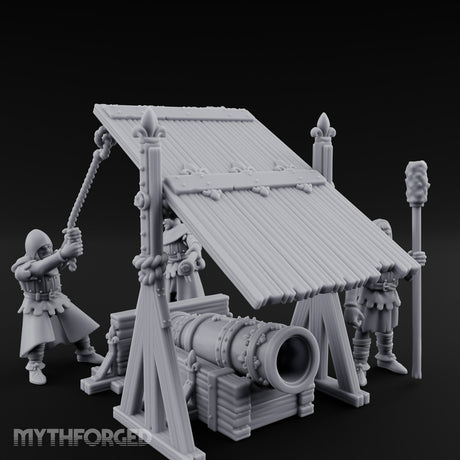 Fleur-de-Lis Roofed Rammer Bearing Covered Bombard Team Miniature for Dungeons and Dragons, Pathfinder or other TTRPGs
