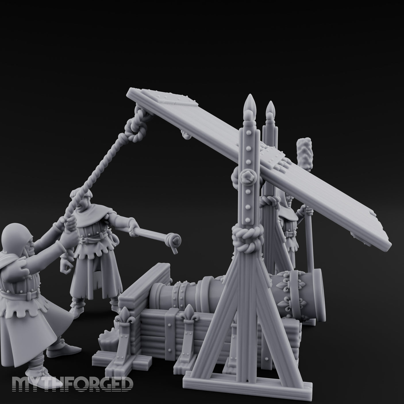 Fleur-de-Lis Roofed Rammer Bearing Covered Bombard Team Miniature for Dungeons and Dragons, Pathfinder or other TTRPGs