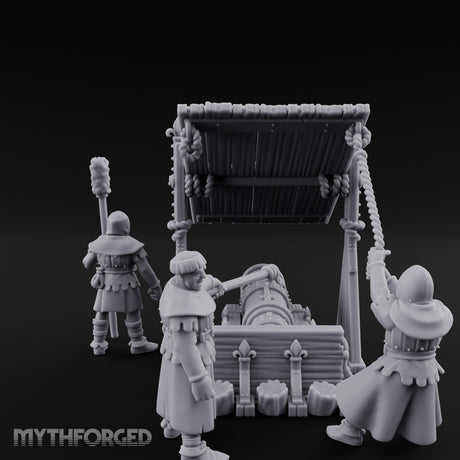 Fleur-de-Lis Roofed Rammer Bearing Covered Bombard Team Miniature for Dungeons and Dragons, Pathfinder or other TTRPGs