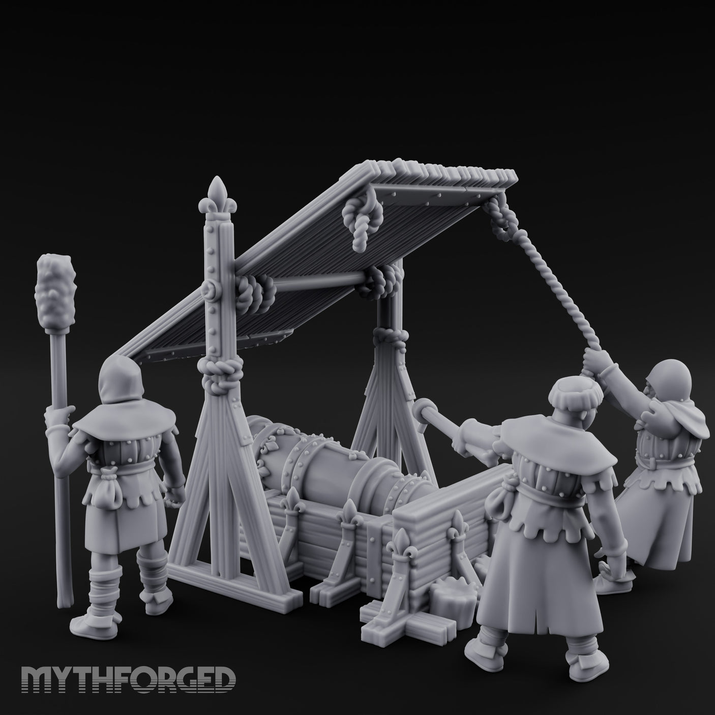 Fleur-de-Lis Roofed Rammer Bearing Covered Bombard Team Miniature for Dungeons and Dragons, Pathfinder or other TTRPGs