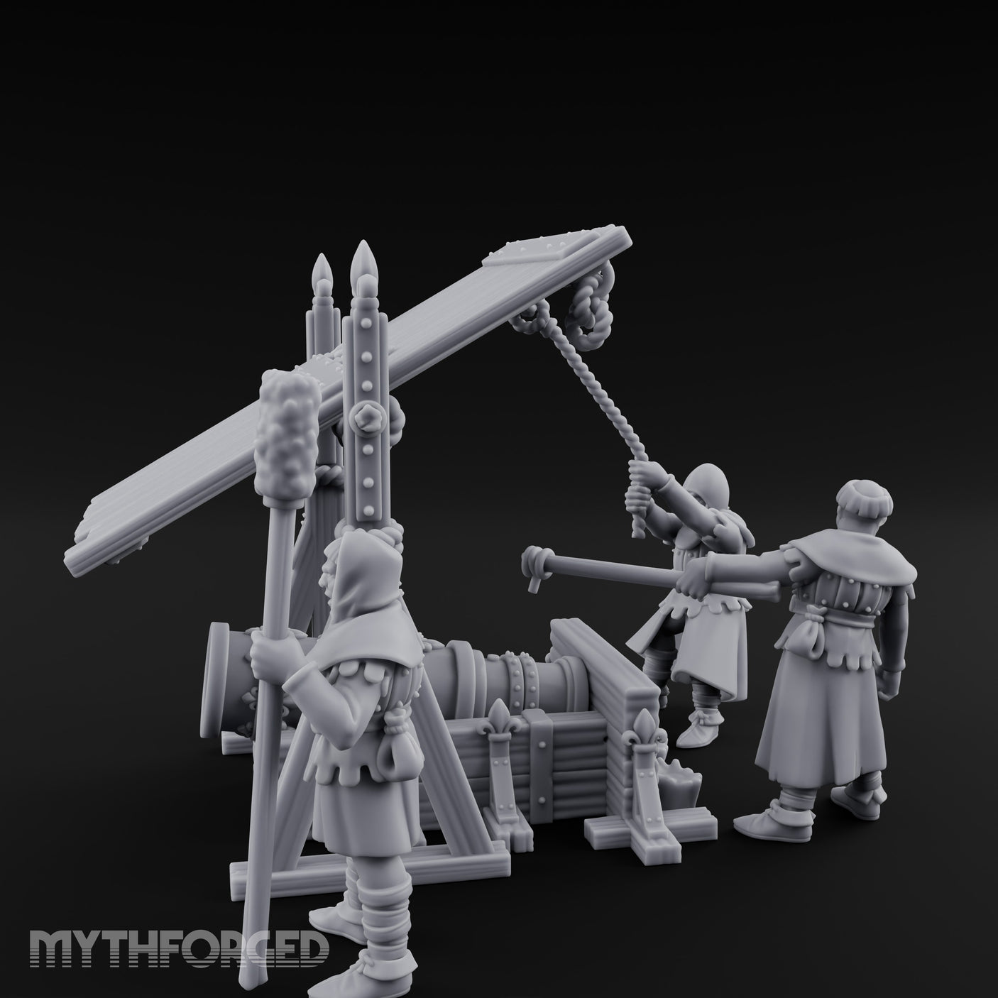 Fleur-de-Lis Roofed Rammer Bearing Covered Bombard Team Miniature for Dungeons and Dragons, Pathfinder or other TTRPGs