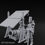 Fleur-de-Lis Roofed Rammer Bearing Covered Bombard Team Miniature for Dungeons and Dragons, Pathfinder or other TTRPGs
