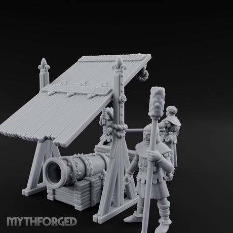 Fleur-de-Lis Roofed Rammer Bearing Covered Bombard Team Miniature for Dungeons and Dragons, Pathfinder or other TTRPGs