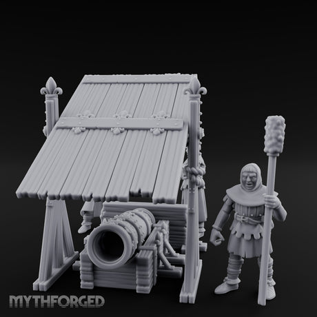 Fleur-de-Lis Roofed Rammer Bearing Covered Bombard Team Miniature for Dungeons and Dragons, Pathfinder or other TTRPGs