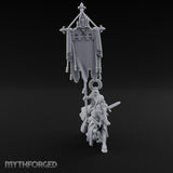 Fleur-de-Lis Tasselled Banner Aloft Human Standard Bearer on Horseback Miniature for Dungeons and Dragons, Pathfinder or other TTRPGs