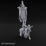 Fleur-de-Lis Tasselled Banner Aloft Human Standard Bearer on Horseback Miniature for Dungeons and Dragons, Pathfinder or other TTRPGs