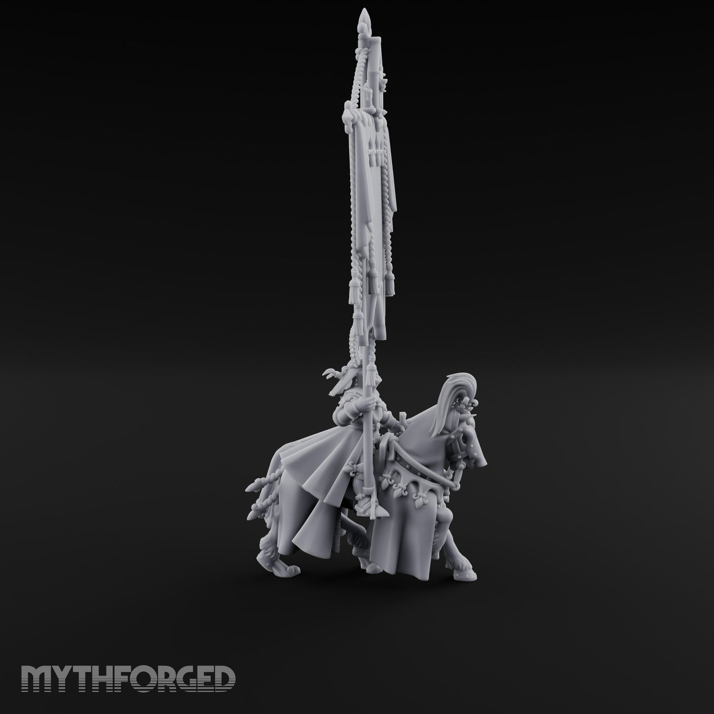 Fleur-de-Lis Tasselled Banner Aloft Human Standard Bearer on Horseback Miniature for Dungeons and Dragons, Pathfinder or other TTRPGs