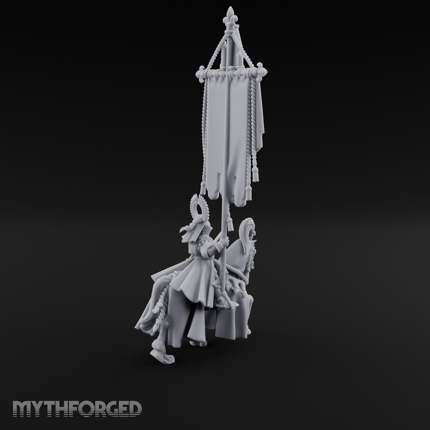 Fleur-de-Lis Tasselled Banner Aloft Human Standard Bearer on Horseback Miniature for Dungeons and Dragons, Pathfinder or other TTRPGs