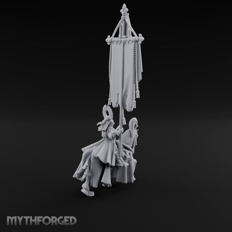 Fleur-de-Lis Tasselled Banner Aloft Human Standard Bearer on Horseback Miniature for Dungeons and Dragons, Pathfinder or other TTRPGs