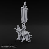 Fleur-de-Lis Tasselled Banner Aloft Human Standard Bearer on Horseback Miniature for Dungeons and Dragons, Pathfinder or other TTRPGs